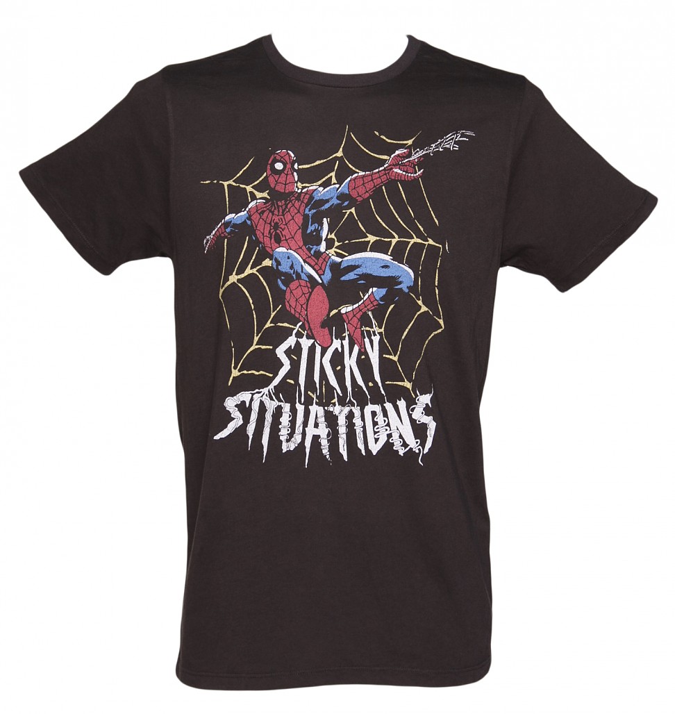 Men's Washed Black Sticky Situations Spiderman T-Shirt from Junk Food